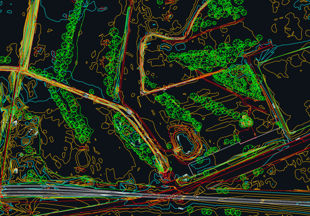 Topographical survey drawing showing contours, field boundaries and features