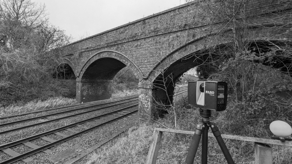 Terrestrial laser scanner surveying a railway bridge